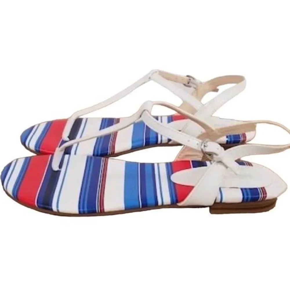 NEW Nine West Leather Zowieo Red White‎ Blue Striped Flat Strap Sandals  SZ 6.5